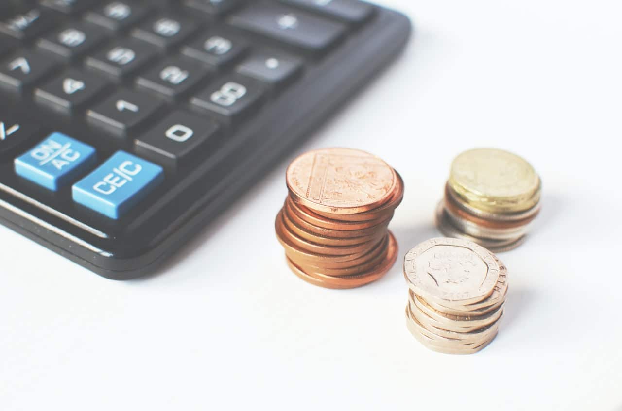 Adding machine and coins