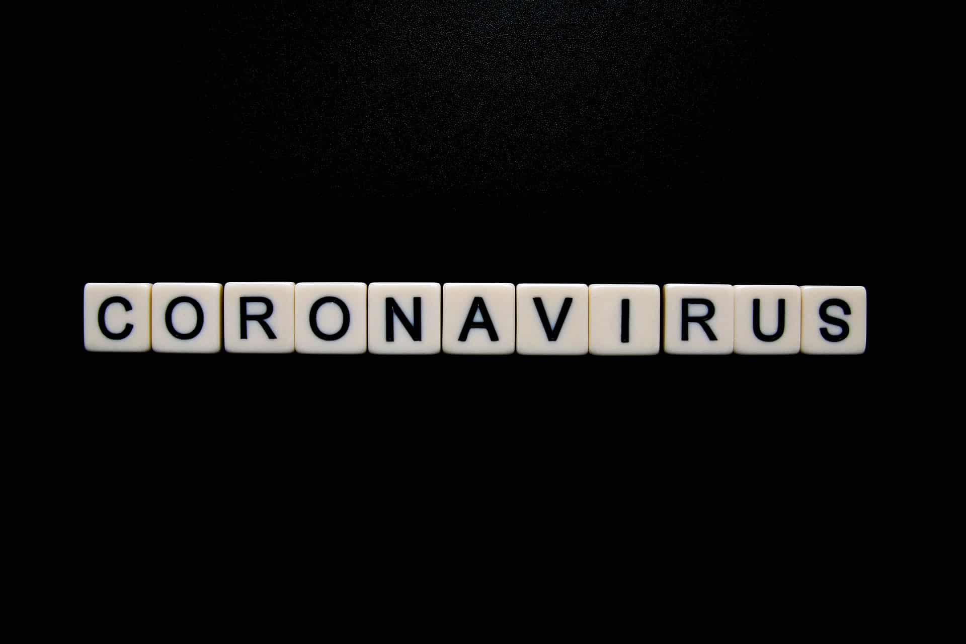 Coronavirus spelled out in white block letters against a black background