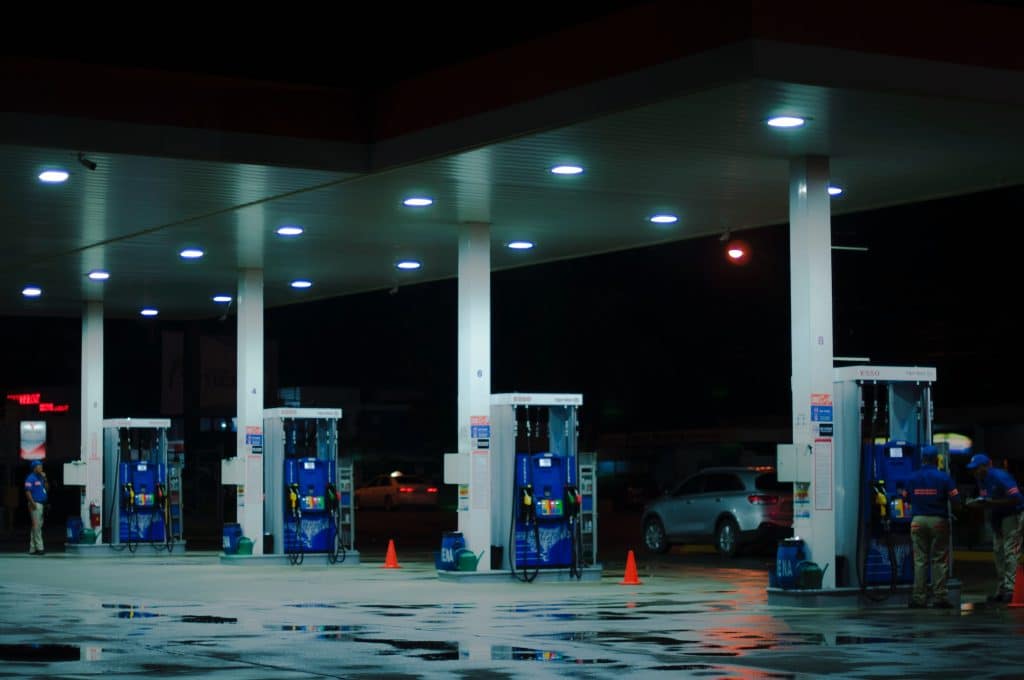An empty gas station at night