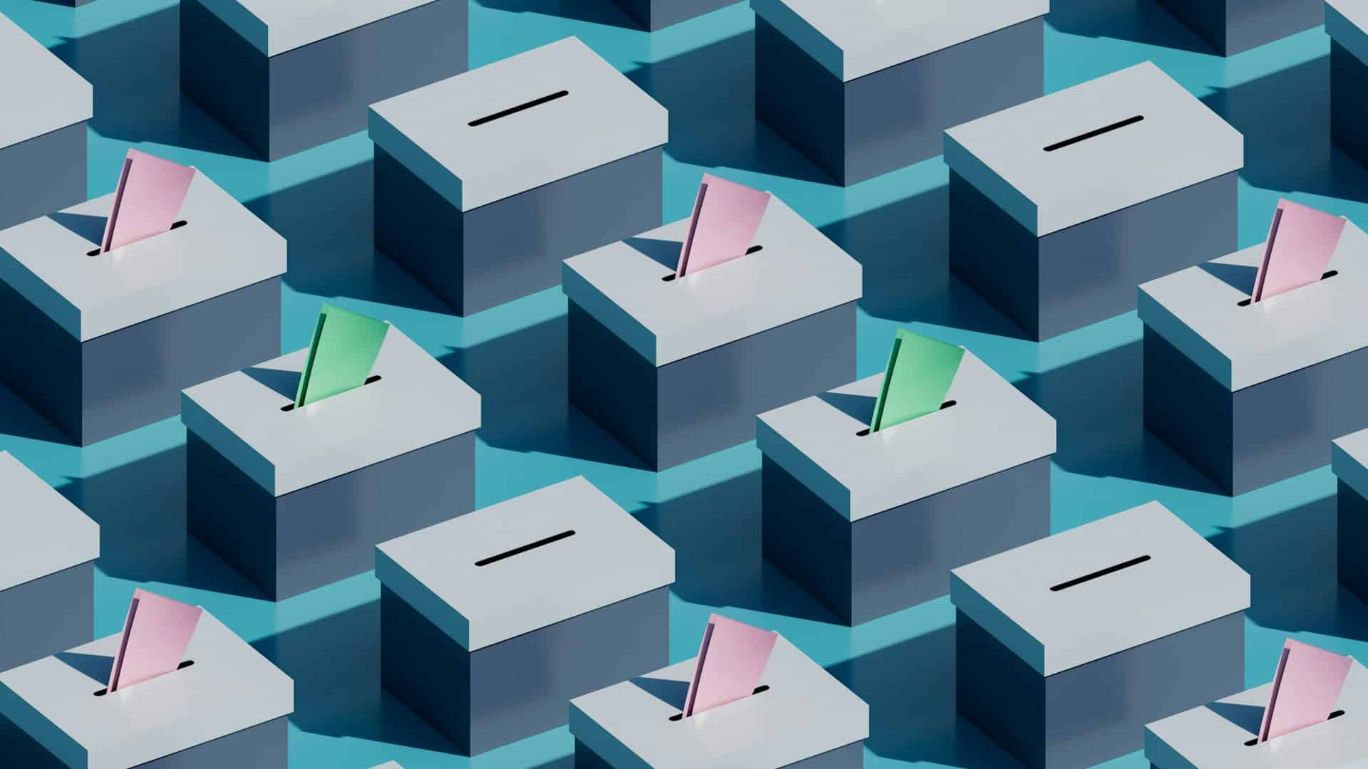 3D rendering of rows of ballot boxes, some with green or pink ballots sticking out of the slot, representing union certification processes in Ontario